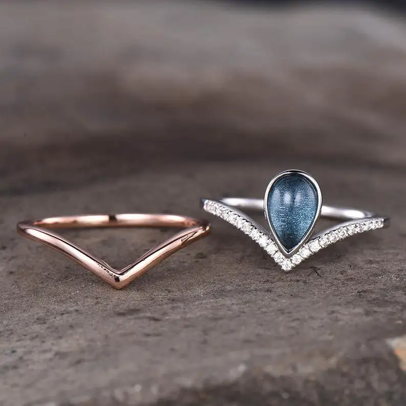 London Blue Topaz Engagement Ring Unique Wedding Set November Birthstone Band 925 Sterling Silver Hand made Jewelry