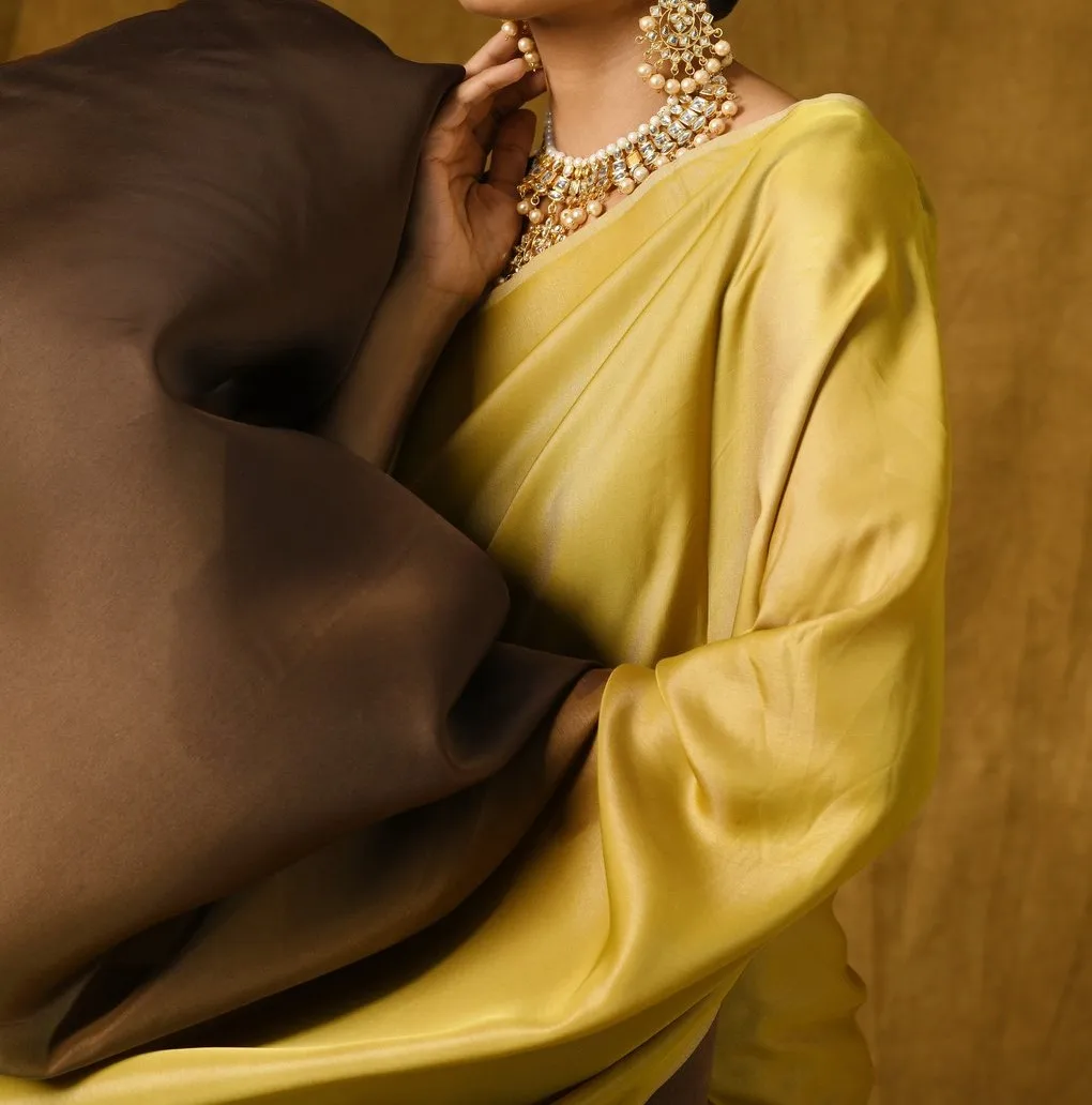 Best Traditional Thread Ethnic Handmade Gold And Brown Satin Ombre Saree Multi colour threads in warp luxurious feel and drape