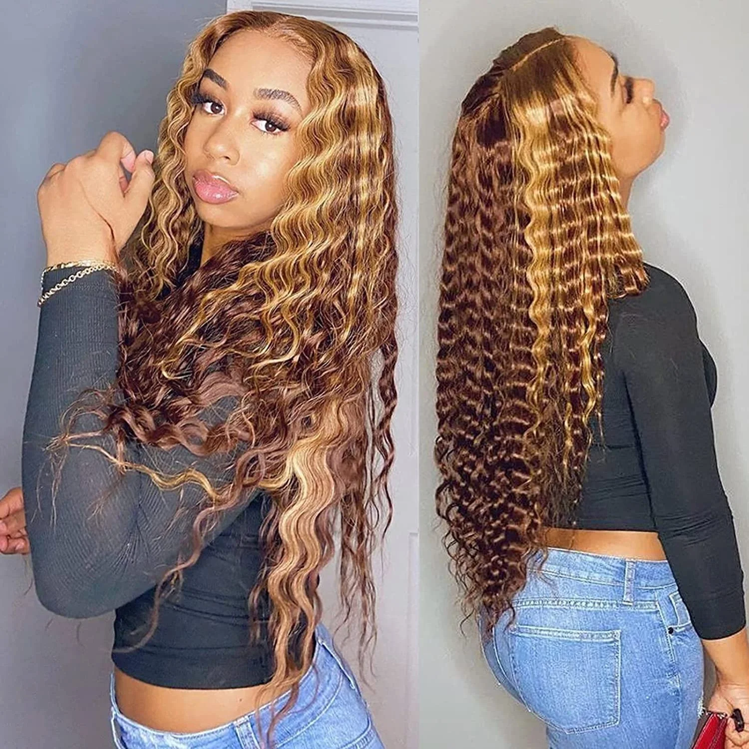 Highlight Deep Wave #4/27 Ombre Colored Glueless Wigs,Honey Blonde Real Human Hair 180% Density