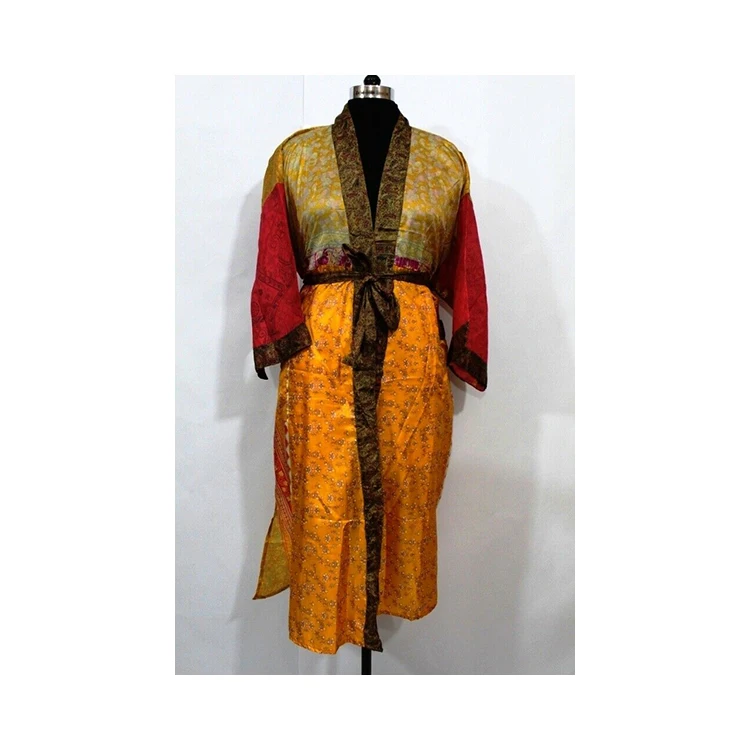 Stylish Silk Sari Handmade Night Wear any Occasion Casual 3/4 Sleeve Kimono with Bell Sleeve Belt Moroccan Kaftan