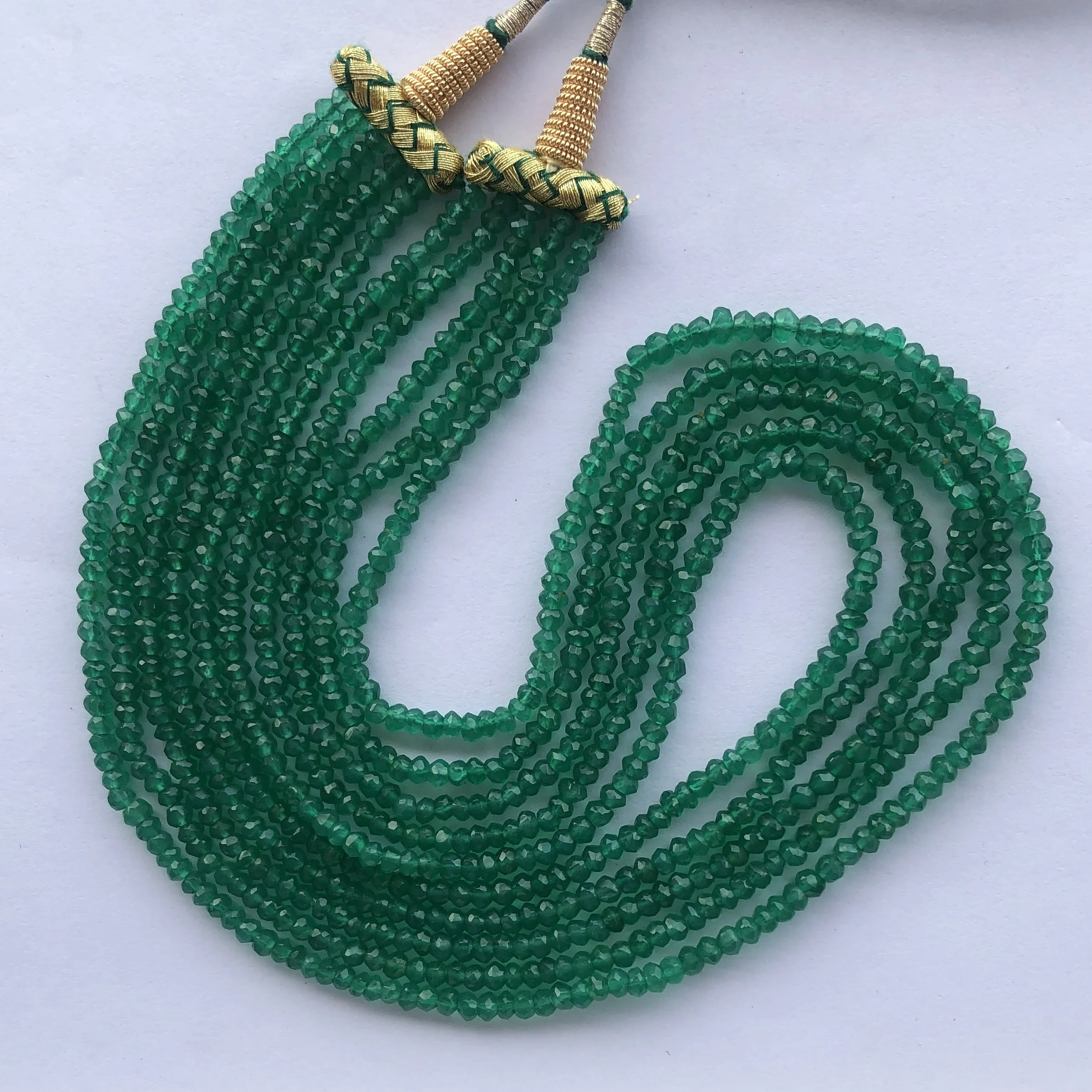 Semi Precious - Natural Emerald Green Onyx Stone Faceted Rondelle 5 Strand Beaded Gemstone Necklace at Wholesale Factory Price