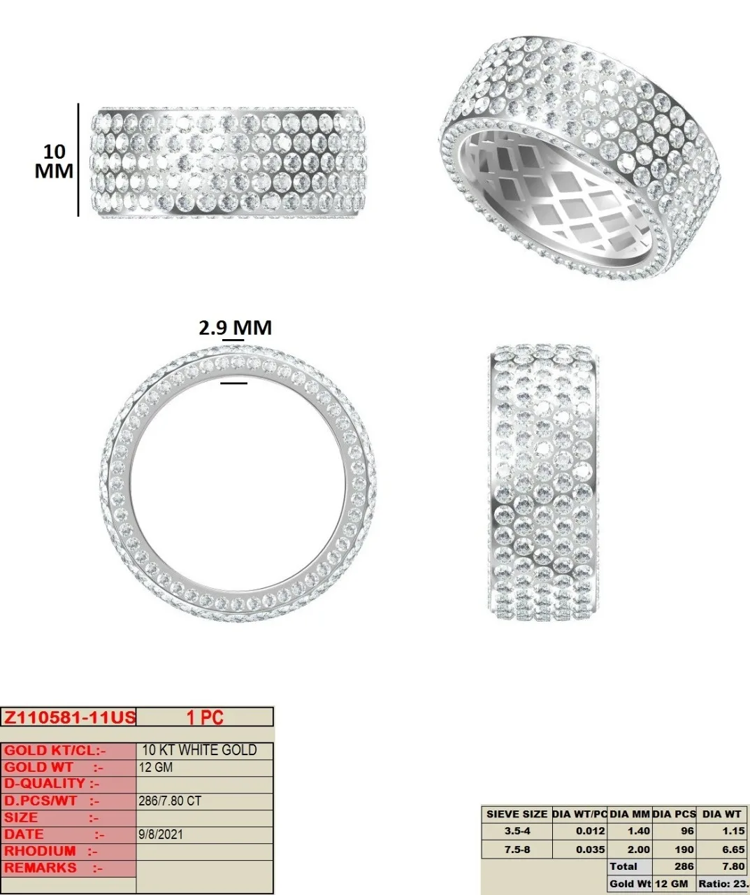 Мужское модное кольцо из белого золота 10 карат вес 12 граммов со стразами 7 80