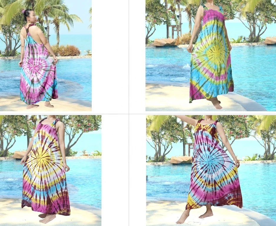 vintage retro thai style HIPPIE BOHO tie dye handmade polka dot butterfly knot kaftan tank long maxi dress