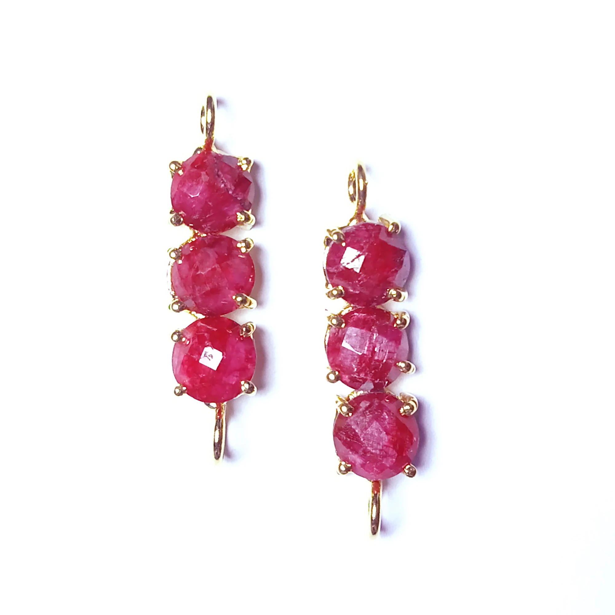 
18k Gold Plated Three Stone Natural Ruby Gemstone Prong Set Single/Double Loop Pendant Necklace Set MT-114 