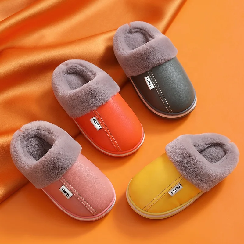 2021 Hot-Selling Pu Leather Warm Fashion Waterproof  Dirt-Resistant Home Indoor Cotton Slippers For Children