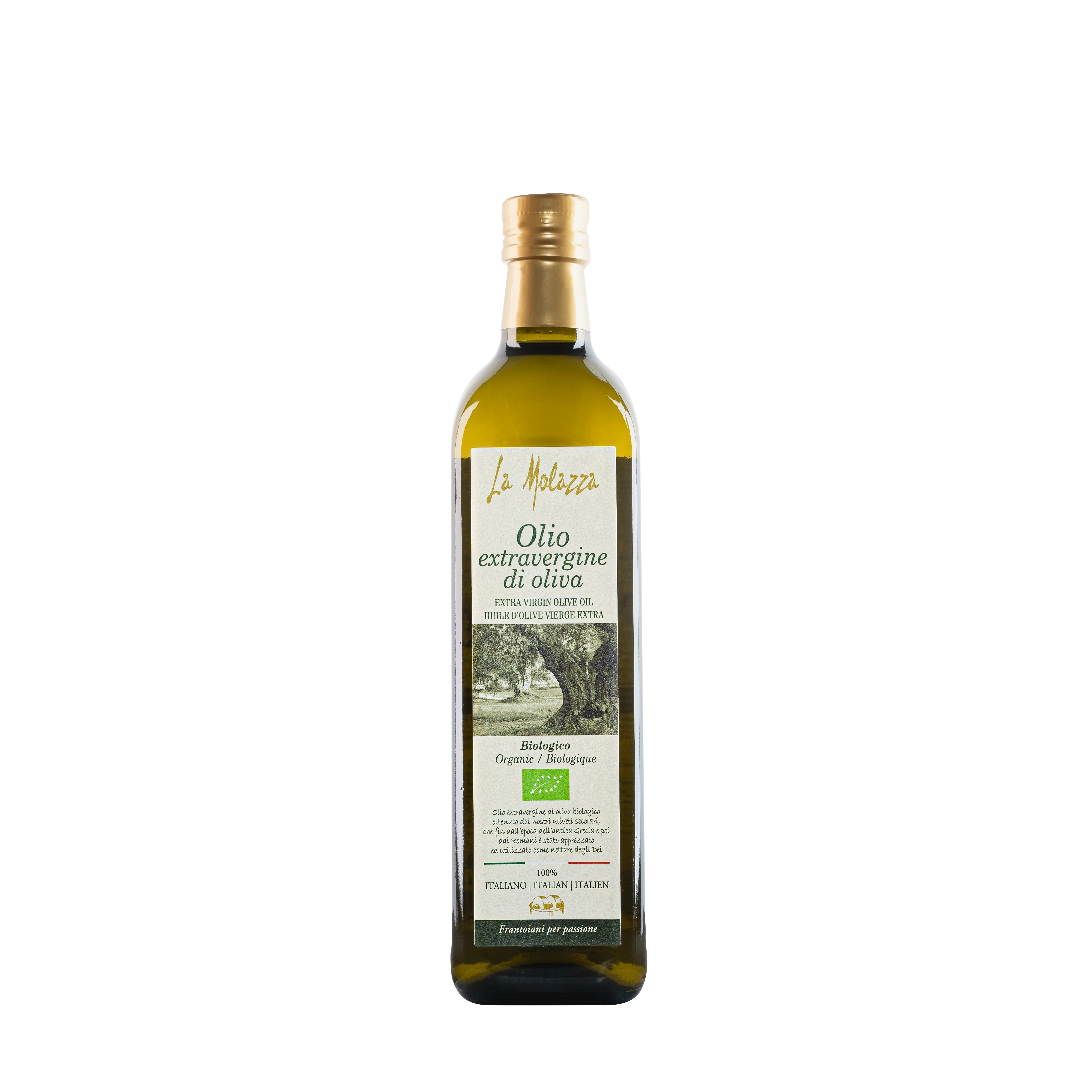 100% Italian Organic Extra Virgin Olive Oil 0.75L of good density and light fruity flavor with an almond background