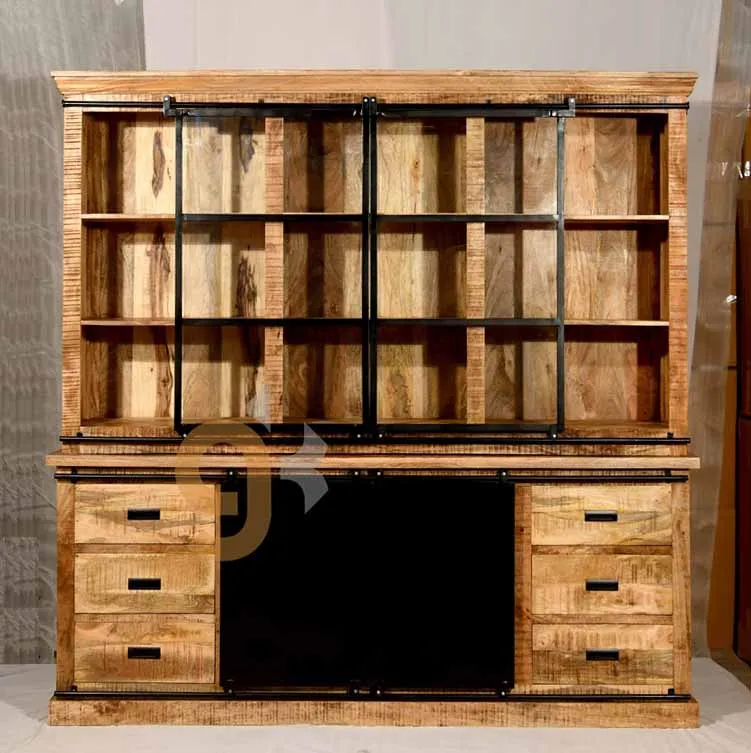 Промышленный большой буфетный шкаф из манго дерева витрина тика буфет с железной манго-деревянной раздвижной дверью шириной 200