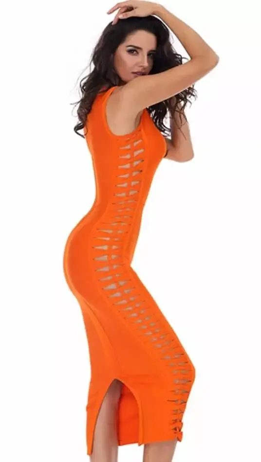 WOMEN PARTY CLUBWEAR CELEBRITY BANDAGE DRESS RUNWAY ORANGE DRESS O-NECK SIDE HOLLOWED OUT CLUB DRESSES