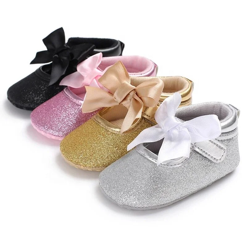 Bling Toddler Princess Gold Glitter Girl Baby Dress Shoes with Bow