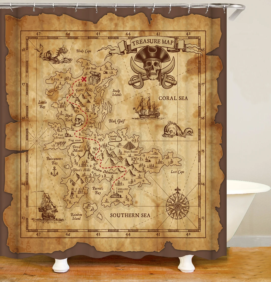 Customized explore world find treasure compass kraft paper wholesale novelty shower curtains