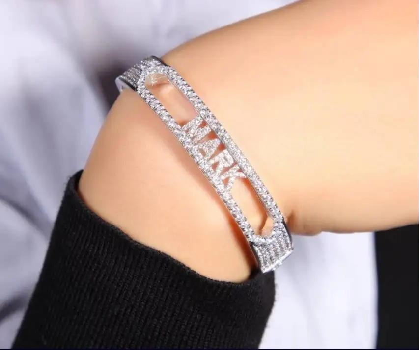 Custom Hiphop Jewelry 18k Gold Plated Personalized Name Bling Zircon Iced Initial Combined Open Cuff Bangle Bracelet for Women
