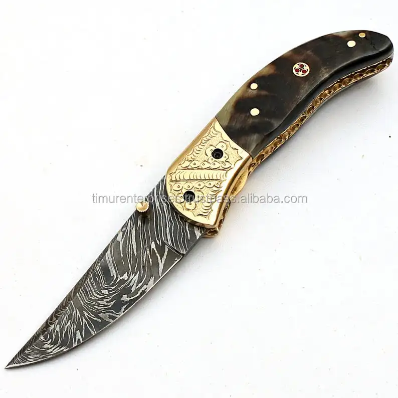 Best price damascus steel blade ram horn  handle hunting skinning knife folding blade knife pocket knife  F-003