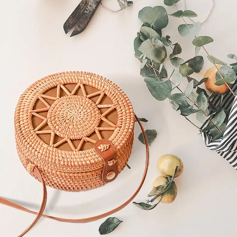 
ECO - FRIENDLY round handmade rattan bag Shoulder Leather Straps Fabric inside Natural Fashionable woven Rattan Bags 