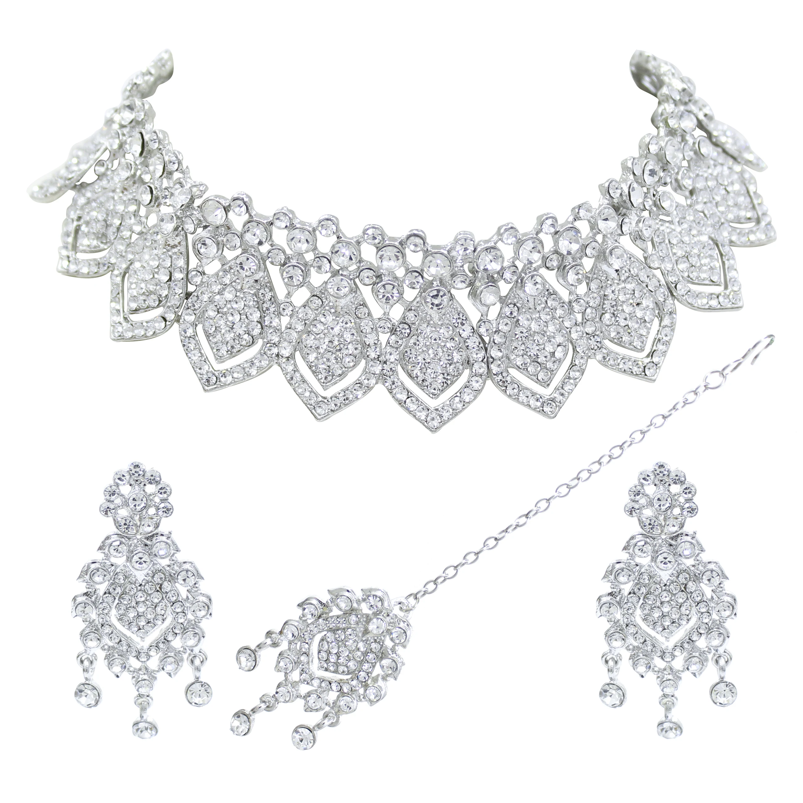 Alex Jewellery - Silver plated Australian Diamond Choker Necklace Earring with Maangtikka Jewellery Set For Women & Girls.