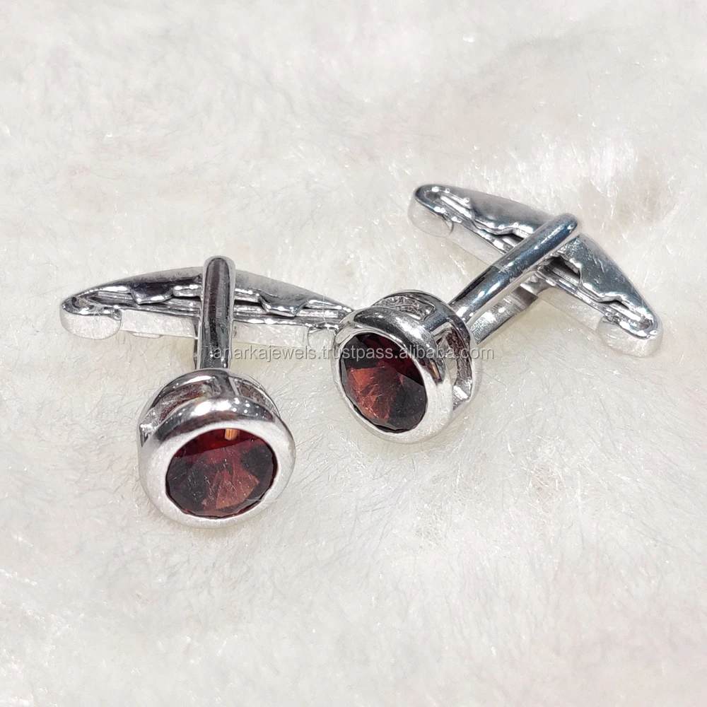 
925 Sterling Silver Cuff links Natural Red Garnet Cuff Links For Men Jewelry 