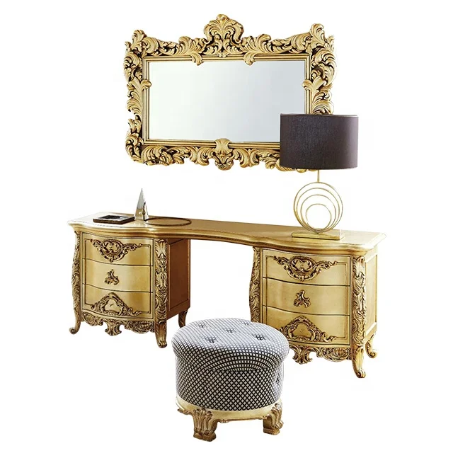 Golden Classical French Style Hand Made Wood Carvings Design Dressing Table Bedroom Furniture Dresser WIth Stool And Mirror