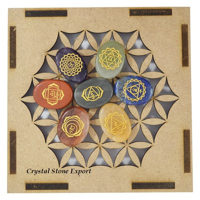 High Quality Chakra Platonic Solids Sacred Geometry Set With Tree Of Life Gift Box Wholesale Chakra Set Crystal Geometry Set