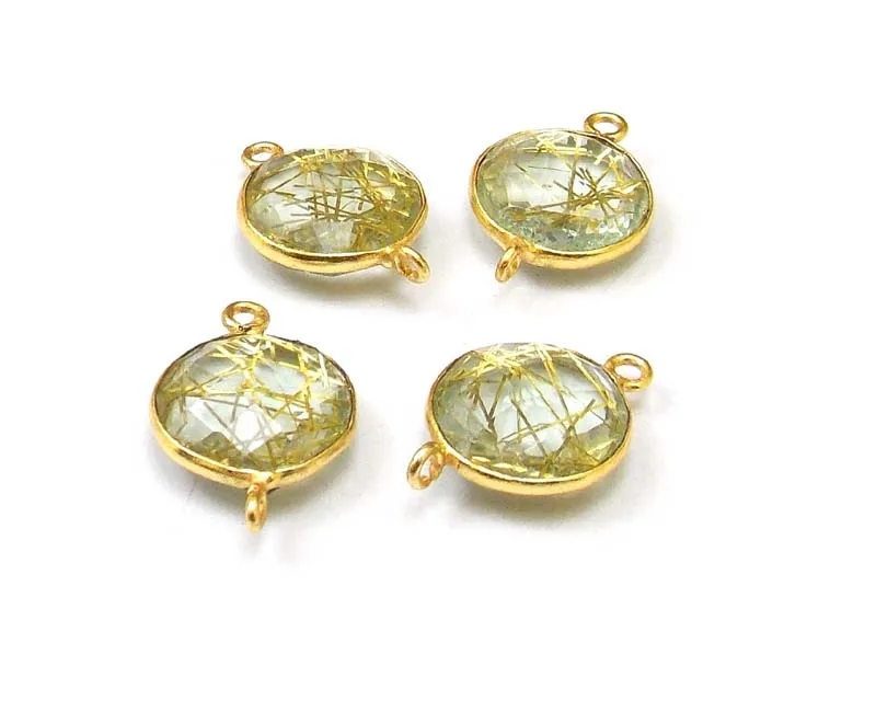Golden Rutilated Gemstone With Gold Plated Round Shape Faceted Double Bail Vertical Loop Jewelry Making Bezel Connector