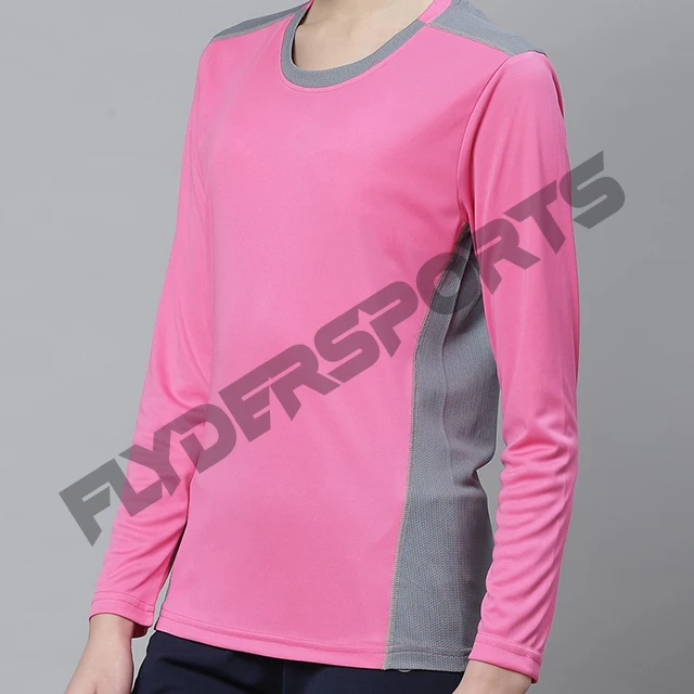 Women Pink and grey solid yoga T shirt round neck and long sleeves PANELS DESIGNS custom logo and block colors shirt women