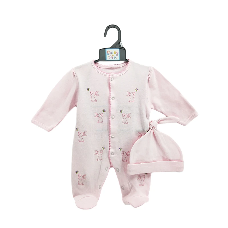 2021 Factory Sell Interlock 100% cotton  Easy wear and off Cute 2 Pieces embroidery Set  Baby Girl Cloth & Hat