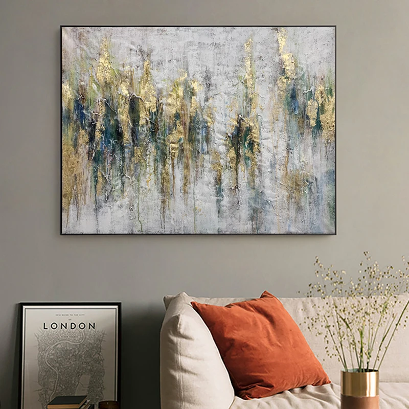  Темно-зеленая Настенная картина для домашнего декора масляная роспись 100% ручной работы абстрактная Большая Золотая холст современный Размер подарок