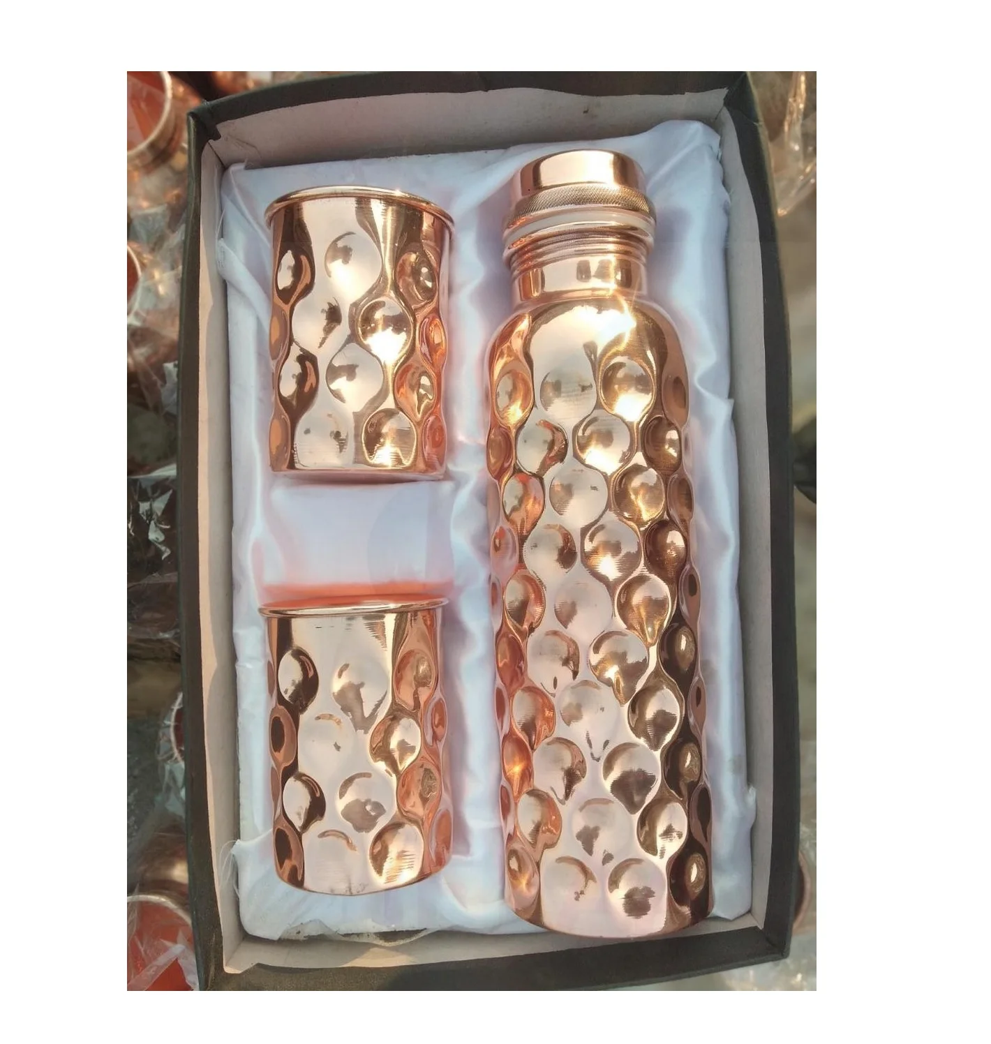 Handmade copper bottle set with 2 glasses  handcrafted from India  950 Ml 750 Ml 500 Ml capacity with leak proof lid