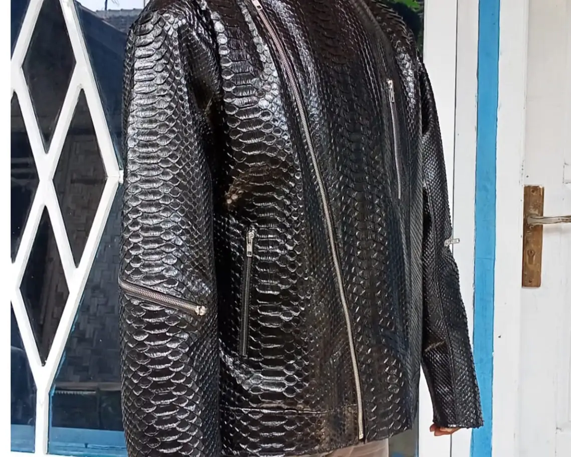 Python leather Jacket Men Custom Size Black King Python Snakeskin Motorcycle Leather Jacket
