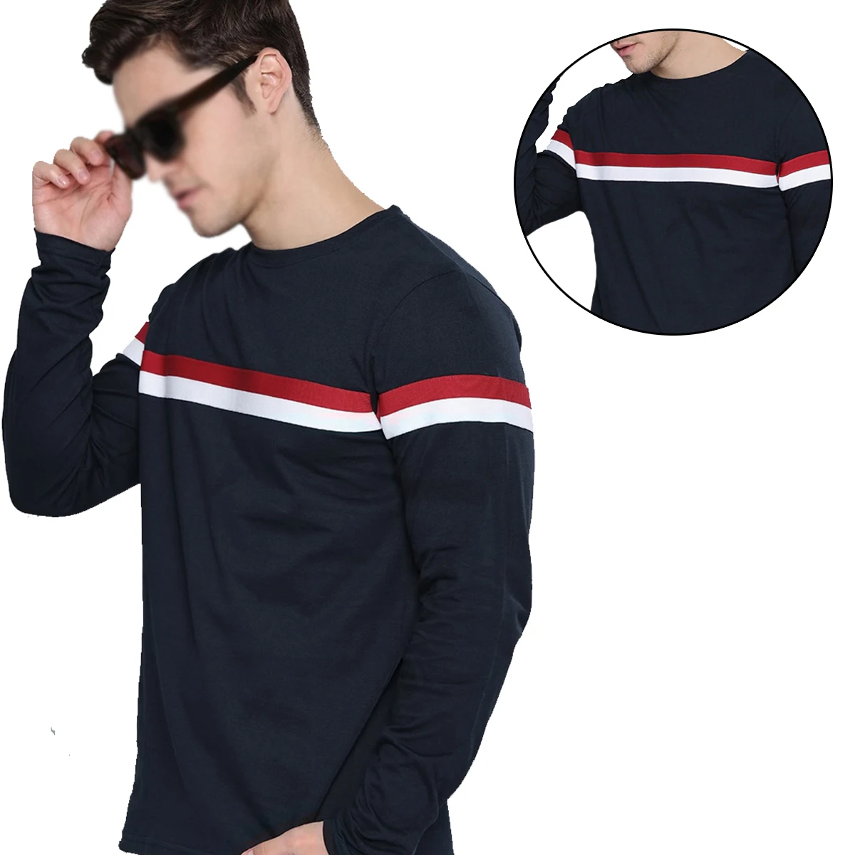 Navy Blue & Red Striped Cotton T-Shirt Wholesale Best Quality New Design Men Long Sleeve T-Shirts By XAPATA SPORTS