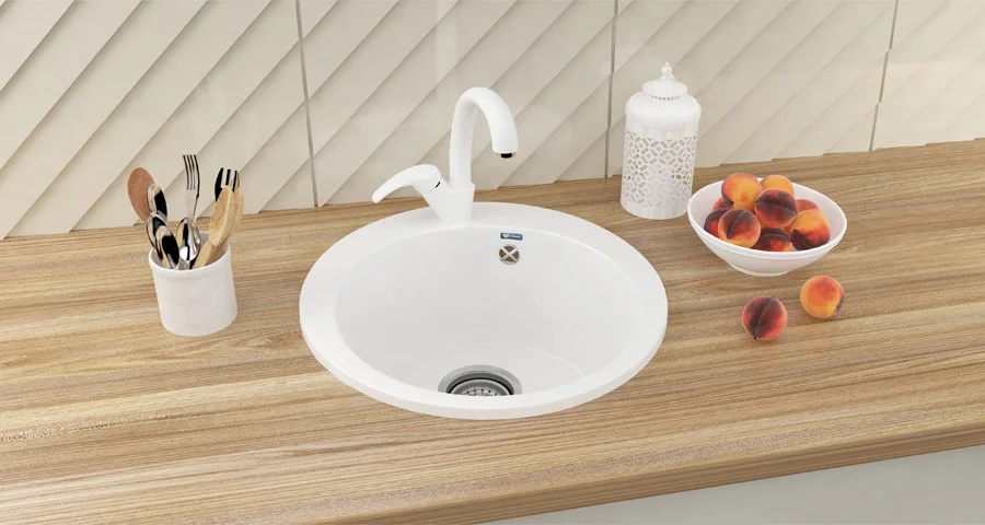Quality kitchen sink ULGRAN U-405 round with mixer tap hole, composite sink