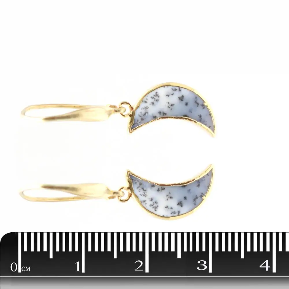 Dendritic Opal 32 To 33 MM With Sterling Silver Ear Wire Moon Shape Gold Electroplated Earring