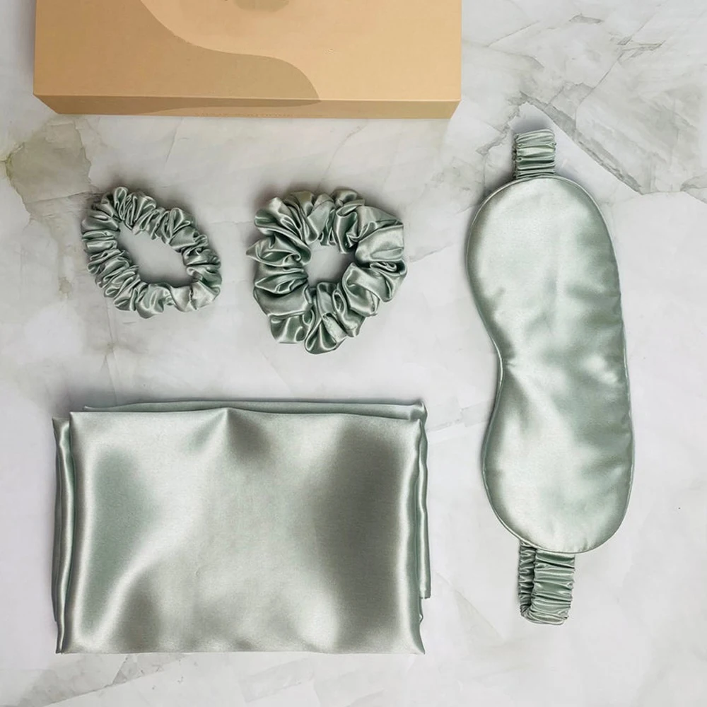 OEKO Tex-100 manufacture custom luxury 4 gift set of silk pillow case eye mask headband and slippers pure silk travel set