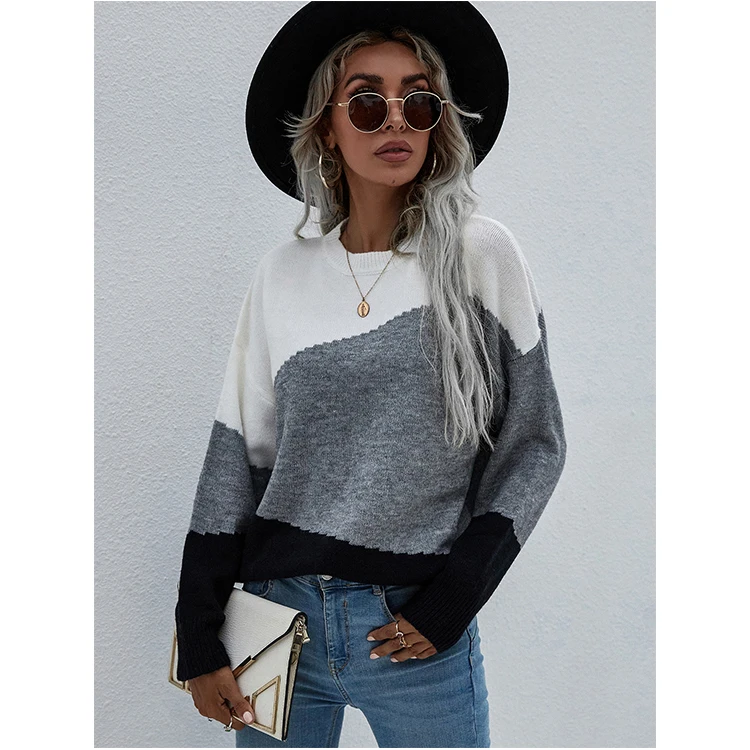 Hot Sale Women Pullover Crew Neck Color Block Long Sleeves Sweater Girls Stylish Knitted Pullover Sweater