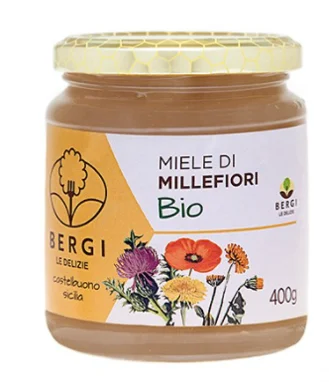 
Italian Sicilian ORGANIC HONEY - Miele Biologico - Bergi - 400 G JAR 