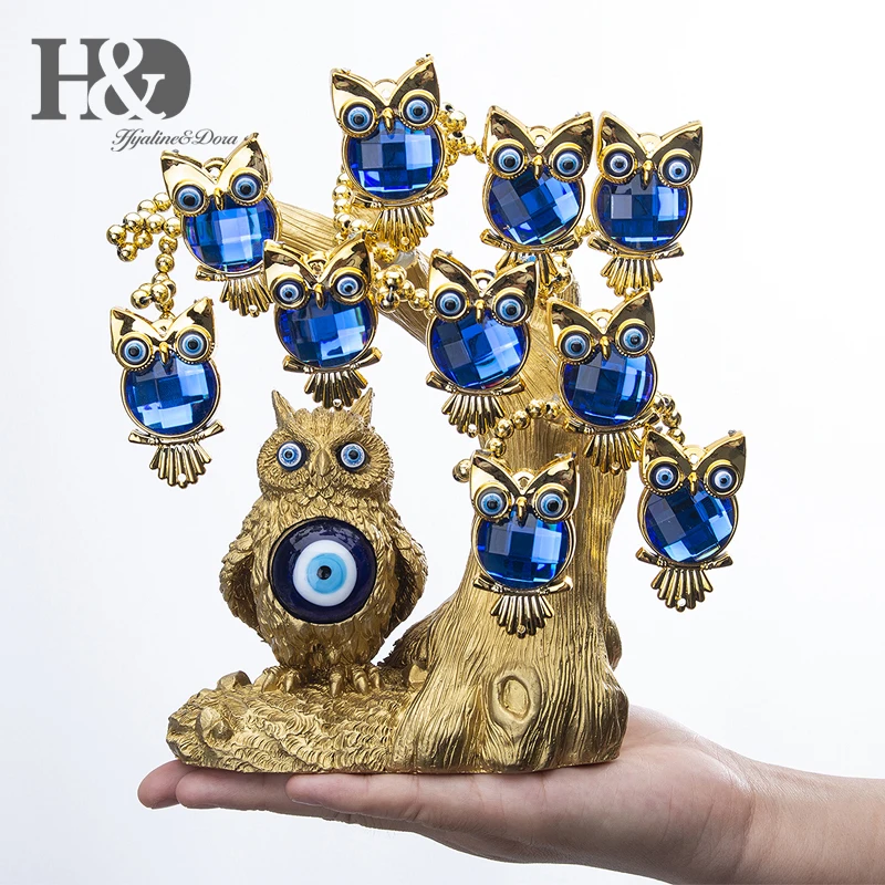 H&D Turkish Blue Evil Eye Owl Figurines Gold Lucky Tree of Life Statue Home Decor Ornaments