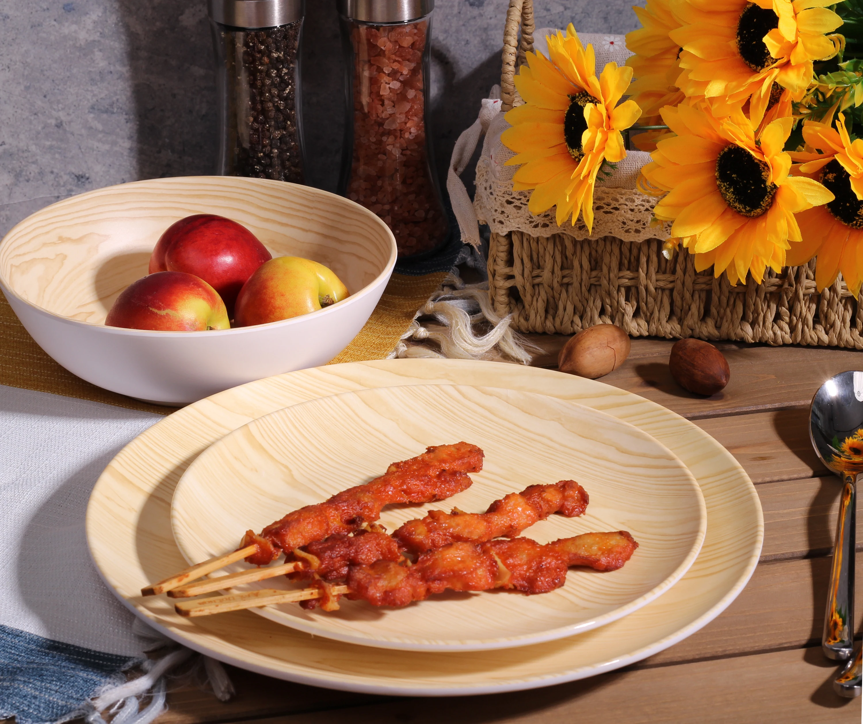 Wooden Grain Melamine Dinner set 12 PC set Dinner Plate, Dessert Plate and Cereal Bowl
