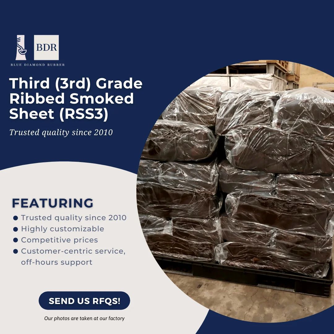 Ribbed Smoked Sheet - RSS3 Raw Rubber Material packaged every 33.33kg per bale ready to be shipped and fast delivery