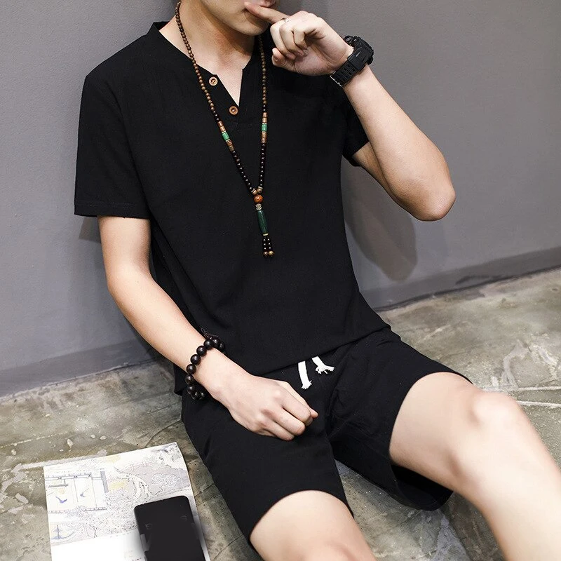 
Men T-shirt Shorts Set Linen Male Shirt Short Sleeve Shorts Two Piece Set Tracksuit Summer Comfort 