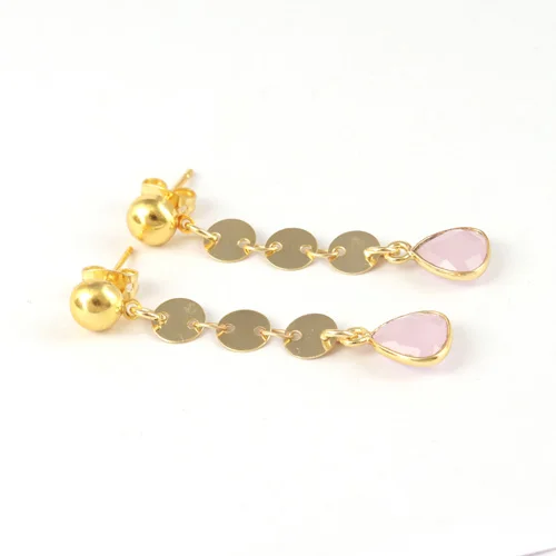Bohemian vintage briolette cut pink quartz coin link dangle earring vermeil gold fashion statement handmade drop dangle earring