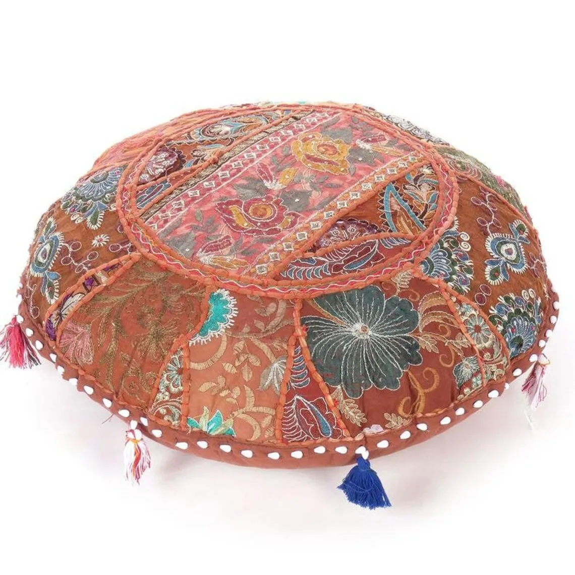 Indian Textile Wholesale 100% Cotton Handmade Patchwork Bohemian Round Zafu Pouf Vintage Embroidered Floor Pillow Cushion Cover