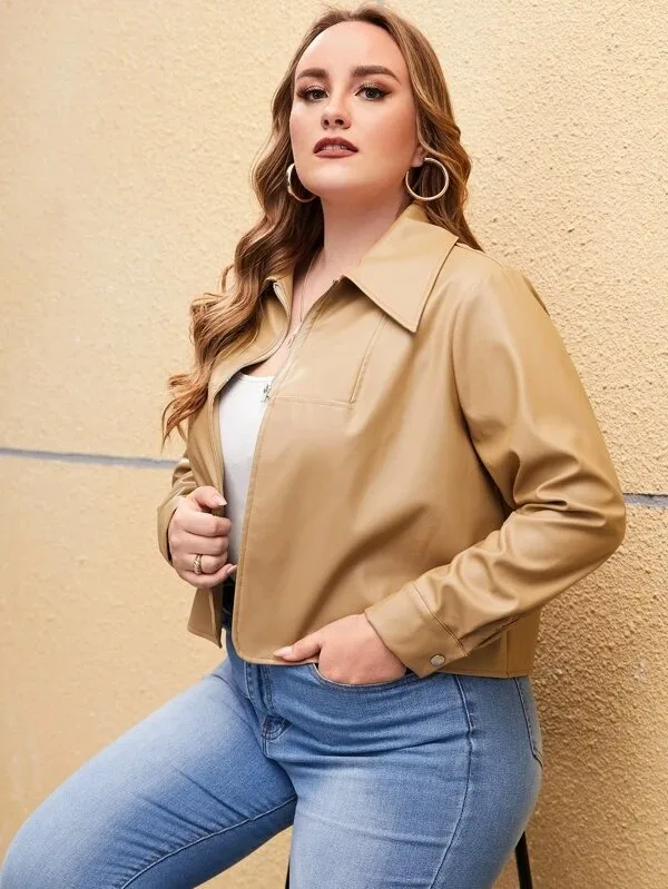 Fashionable Plus Woman Stylish High Quality Customized Front Zip Full Sleeved Solid Beige Leather Jacket For Woman