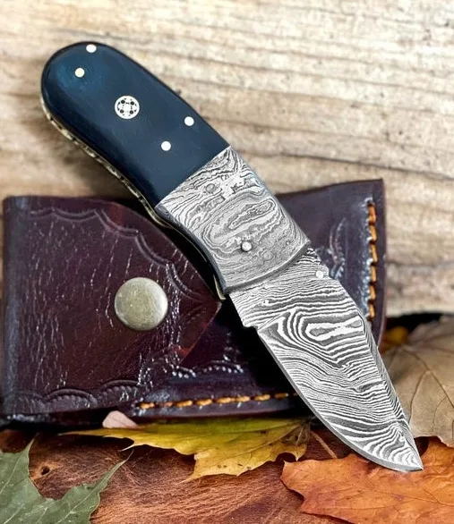 
Damascus Folding Pocket Knife, 6' Handmade Knife Custom Deep Blue Handle, Anniversary Gifts 