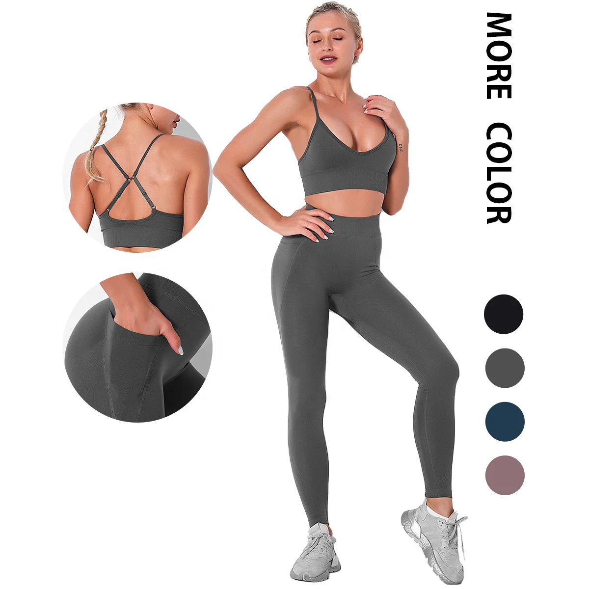 Сексуальный бюстгальтер с перекрестной спинкой и леггинсы с логотипом на заказ, летние женские комплекты для фитнеса и йоги, одежда для тренировок с карманами