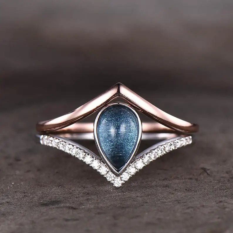 London Blue Topaz Engagement Ring Unique Wedding Set November Birthstone Band 925 Sterling Silver Hand made Jewelry