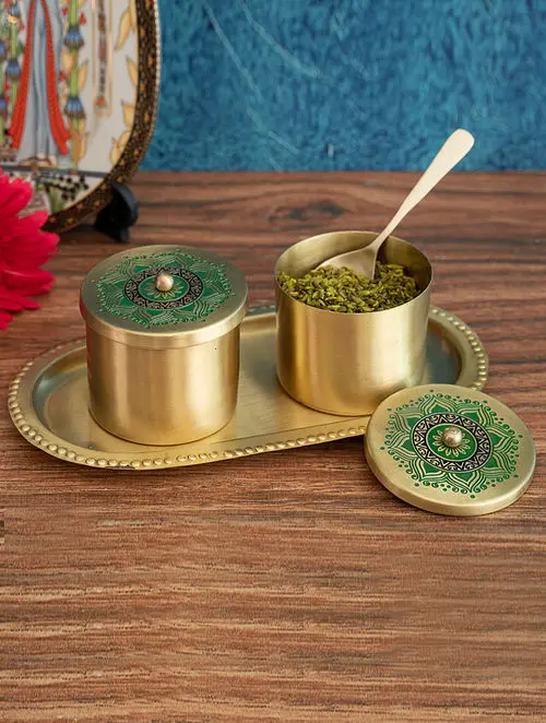 Brass Dinner Plate Dinnerware Brass Metal Traditional Dinner Server Set with Thali Plate Katori Bowls Cup
