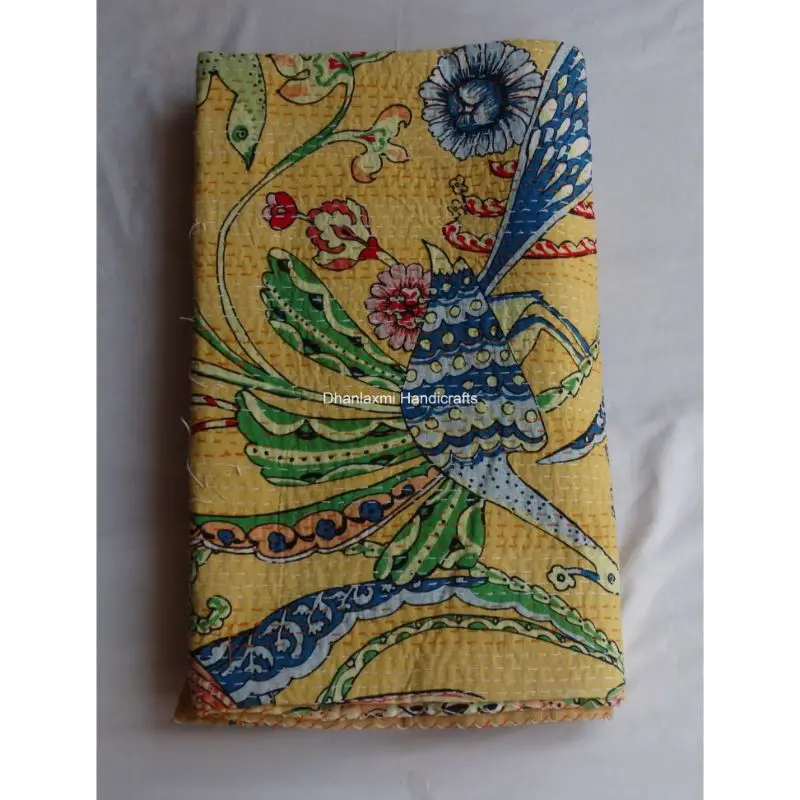 Новое индийское желтое покрывало Kantha с принтом птиц красивое домашнее украшение оптовая продажа Хлопковое одеяло ручной работы