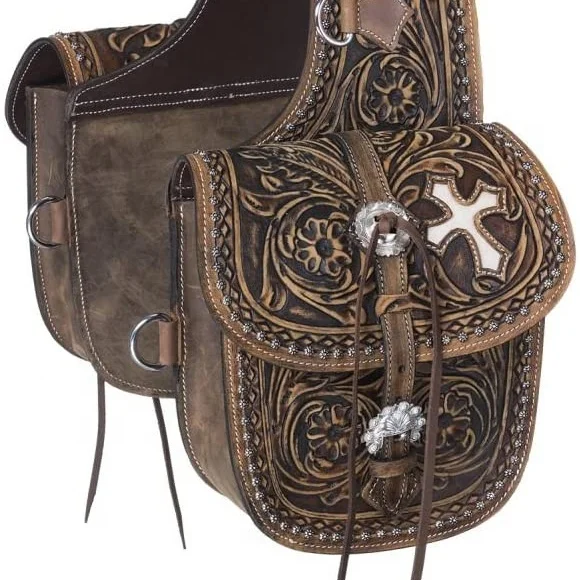 Cow Hide Genuine Leather Western Trail Tooling Carving Horse Saddle Bag