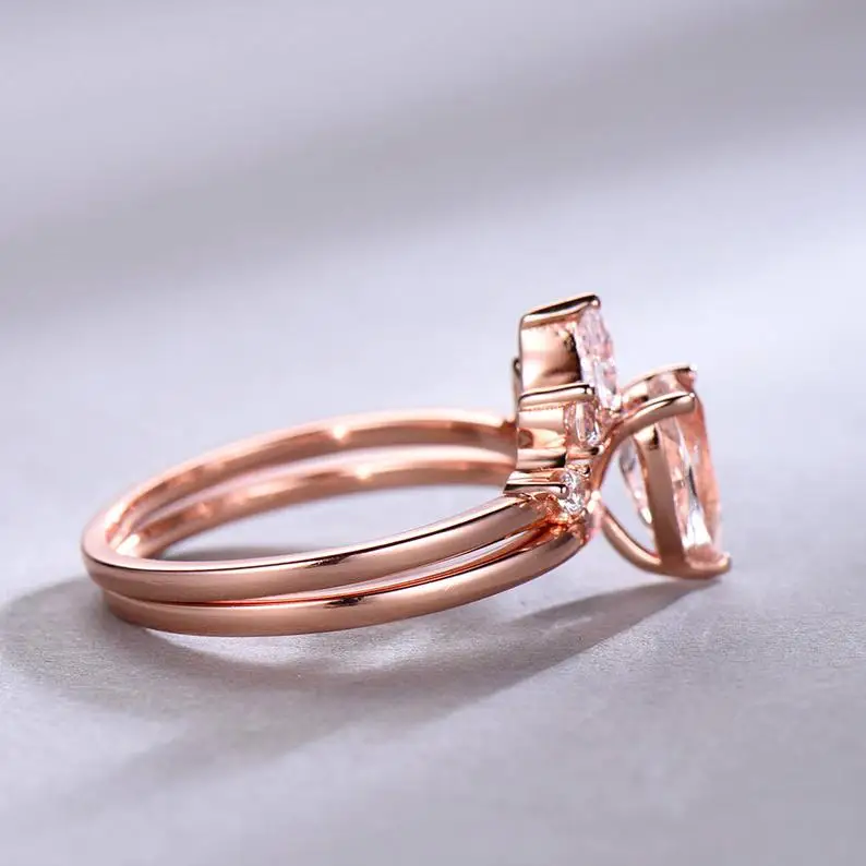Morganite Bridal Set Oval Solitaire Engagement Ring Crown Wedding Band Plain Rose Gold Sterling Silver Hand Made Jewelry