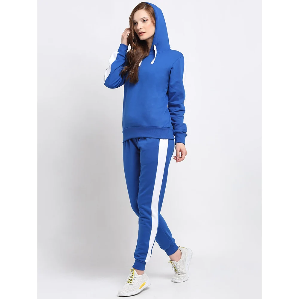High Quality Blue And White Winter Warm Customized Zip Up Stylish Full Sleeve Color Block Sports Tracksuit For Women 2022