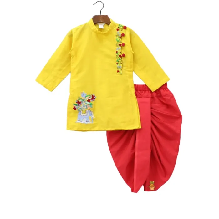 Attractive And Handcrafted Beautiful Designer Embroidery At Front Bottom For Kids Yellow Kurta With Red Dhoti Pure