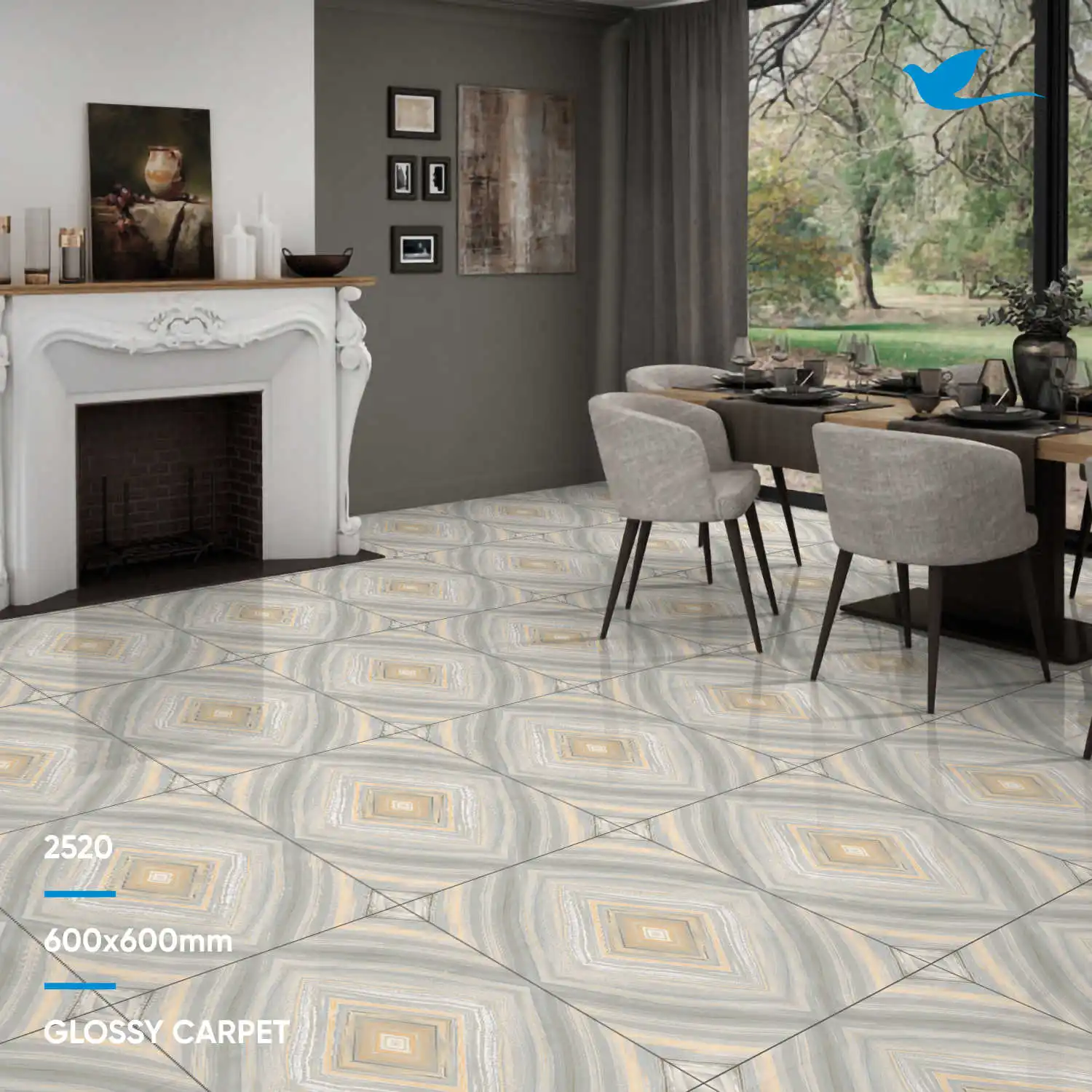 Project usage Building Materials tile 600x600mm grey color full polished glazed marble look glossy porcelain tile